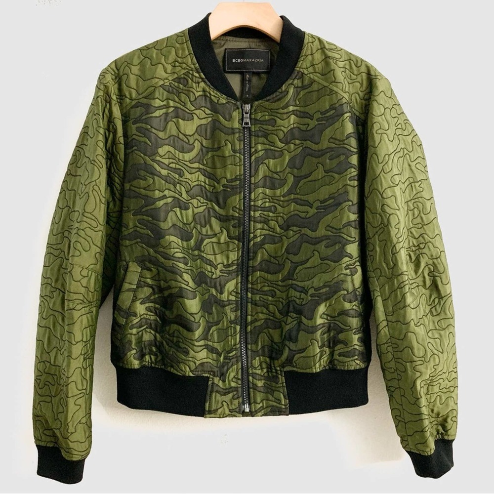 BCBGMAXAZRIA Quilted bomber jacket Camo style black green EUC size S